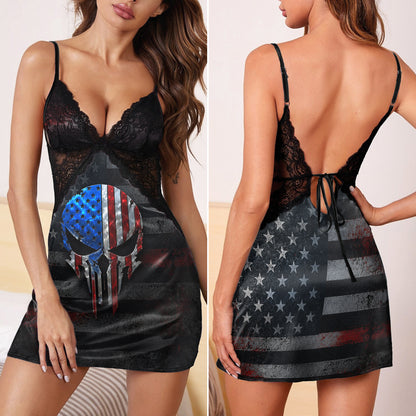American Skull Grunge Art Back Lace Babydolls Nightgowns