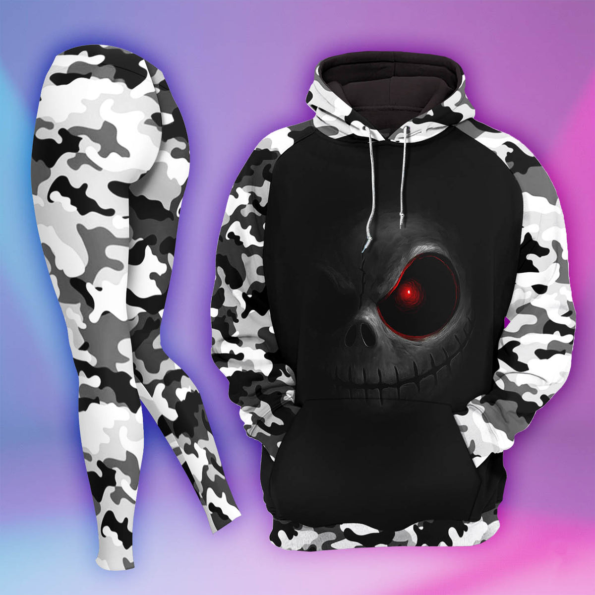 Women Hoodie and Leggings, Red Eye Skull Camo Outwear Pants Outfit
