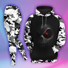 Women Hoodie and Leggings, Red Eye Skull Camo Outwear Pants Outfit