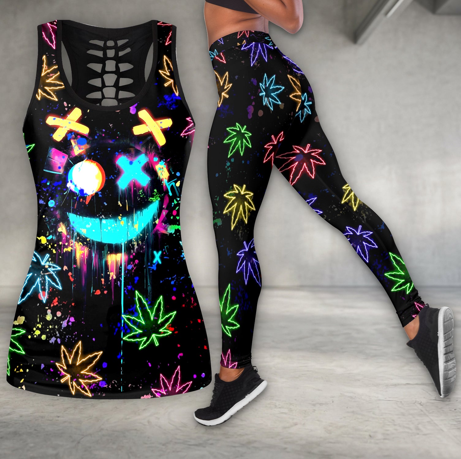 Neon Skull Leaf Pattern Tanktop and Leggings