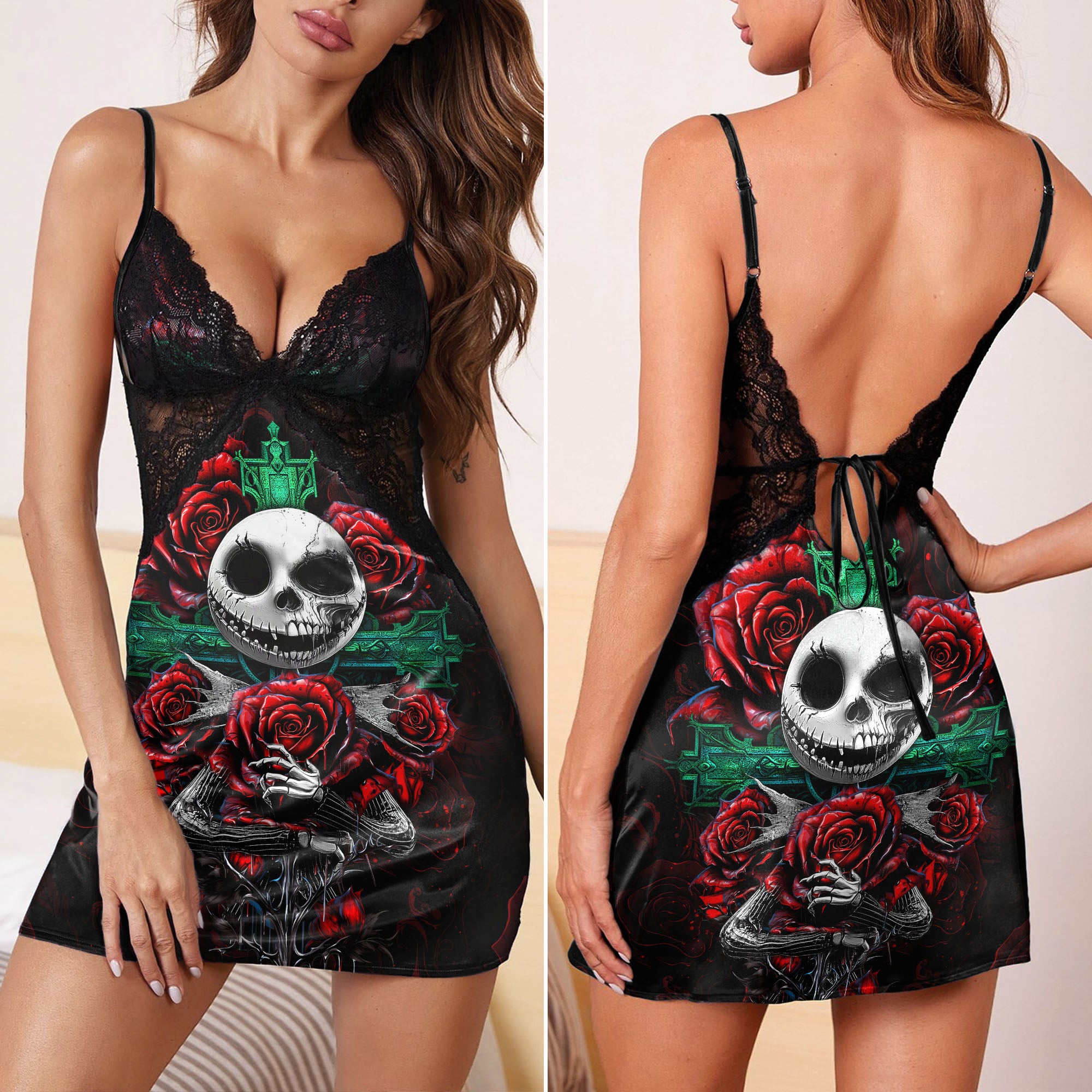 Cross Rose Skeleton Nightmare & Punkrock Women's Sleepwear | Lace Cami Dress Nightgowns