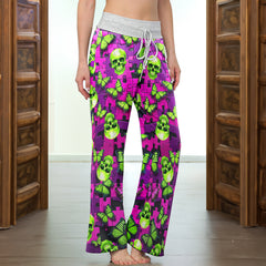 Neon Purple Puzzle Skull Women's High-waisted Wide Leg Pants