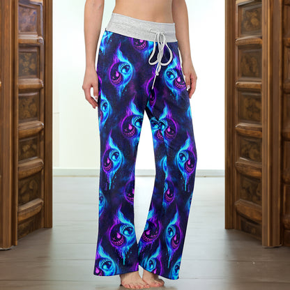 Neon Flame Skull Pattern Women's High-waisted Wide Leg Pants