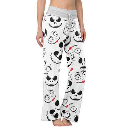 White Pajama Pants Print Drawstring Palazzo Lounge Pants Wide Leg