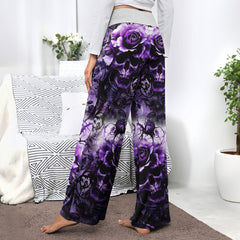 Purple Skull Rose Floral Women's High-waisted Wide Leg Pants | Wonder Skull