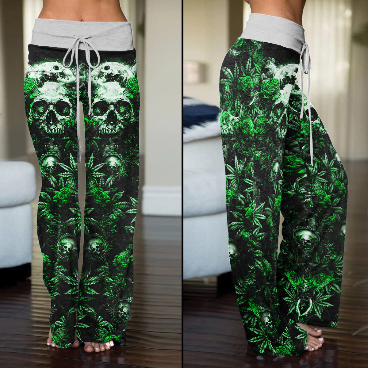 Green Skull Canabis Women's High-waisted Wide Leg Pants | Wonder Skull