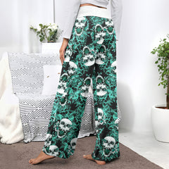 Thorned Rose Skull Pattern Women's High-waisted Wide Leg Pants
