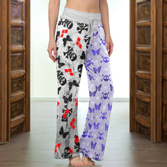 Pastel Skull Butterfly Diamond Women's High-waisted Wide Leg Pants
