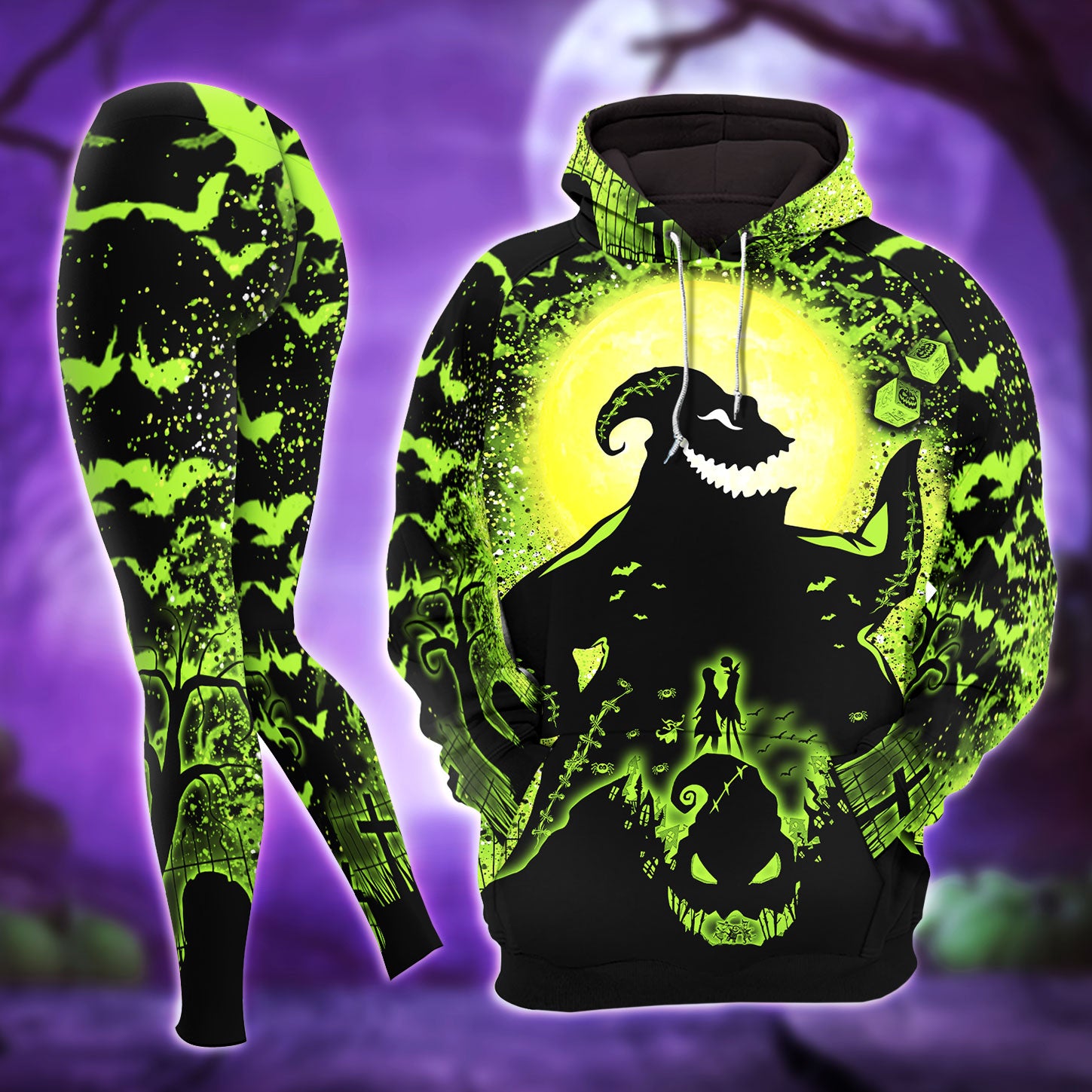 Black Green Nightmare Theme Combo Hoodie and Leggings - Dark and edgy matching set with skull designs for a unique and stylish look.