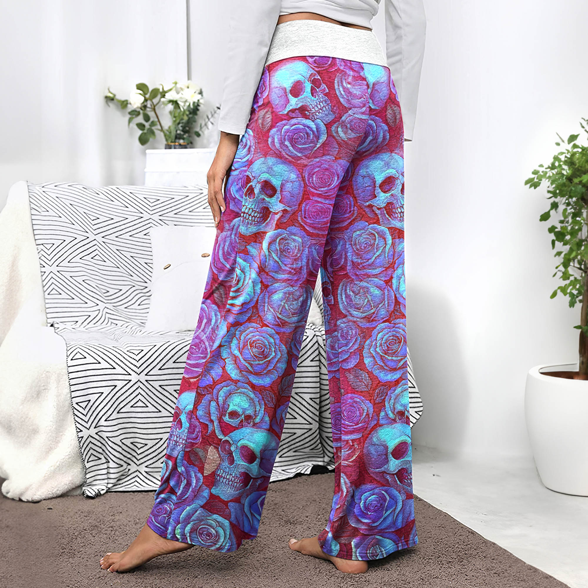 Purple Neon Skull Rose Women's High-waisted Wide Leg Pants