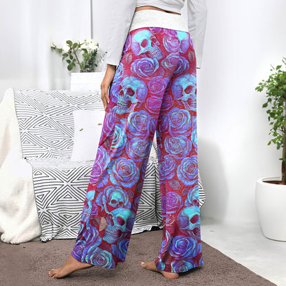 Purple Neon Skull Rose Women's High-waisted Wide Leg Pants