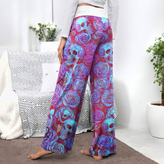 Purple Neon Skull Rose Women's High-waisted Wide Leg Pants