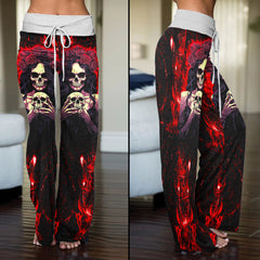 Red Fire Skull Art Women's High-waisted Wide Leg Pants | Wonder Skull