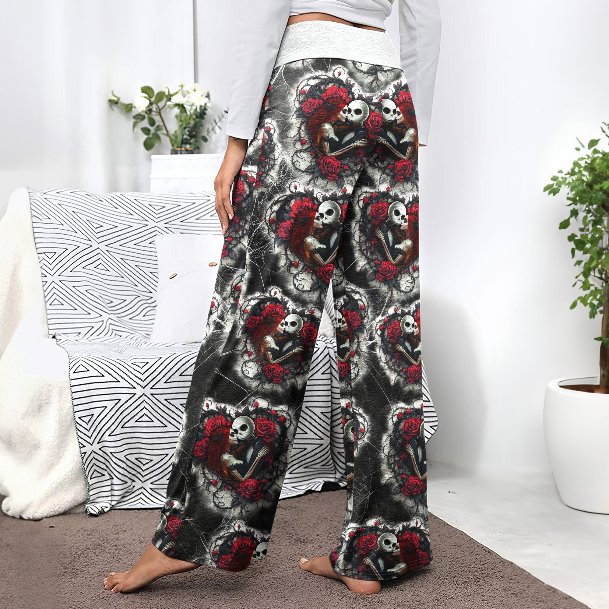 Couple Rose Pattern Women's High-waisted Wide Leg Pants