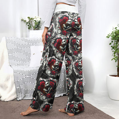 Couple Rose Pattern Women's High-waisted Wide Leg Pants