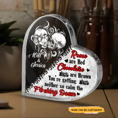 Roses And Chocolates - Customized Skull Couple Crystal Heart Anniversary Gifts