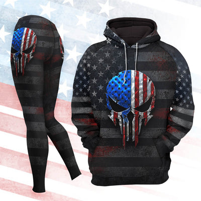 Women Hoodie and Leggings, US Flag Skull Art Outwear Pants Outfit