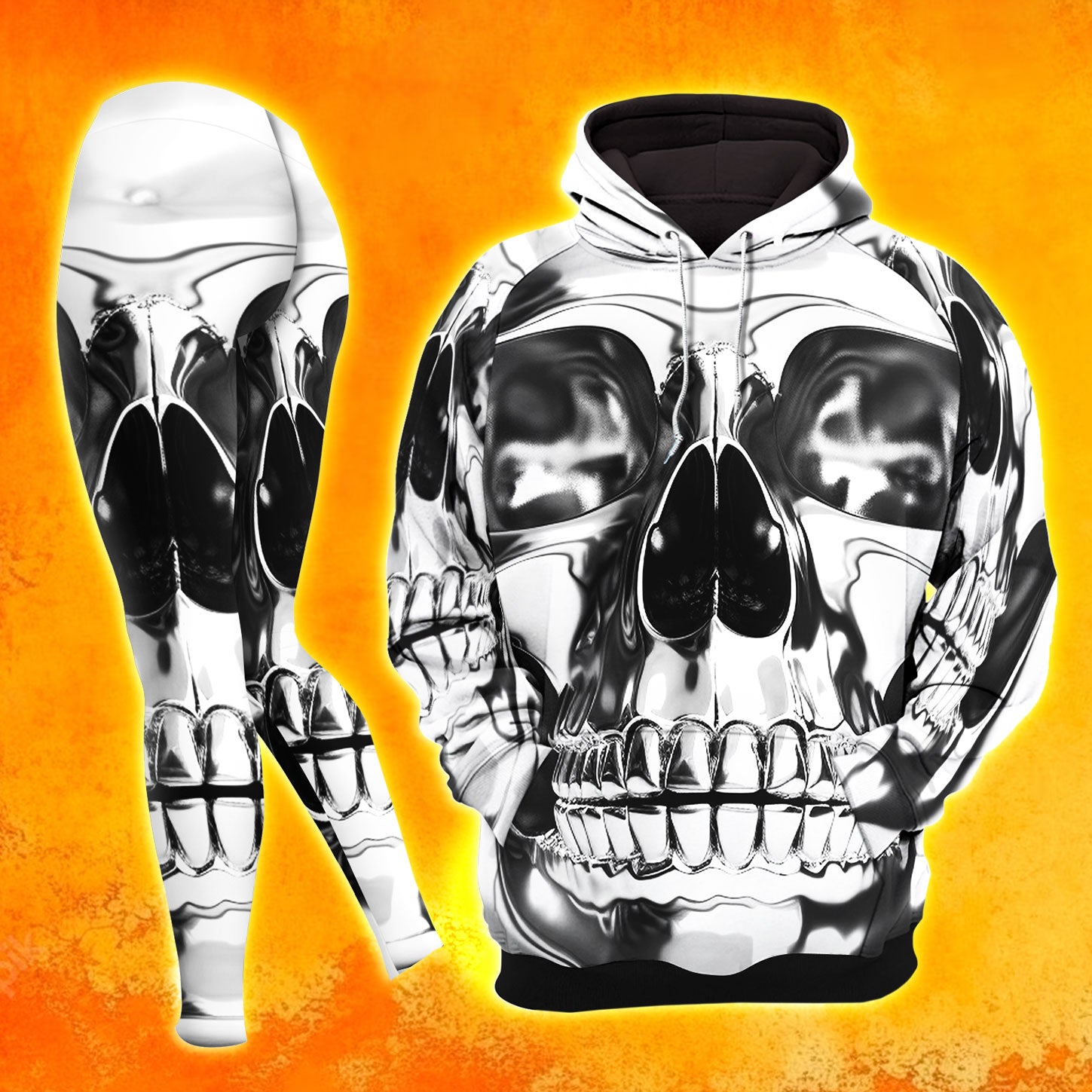 Skull 3D Silver Abstract Combo Hoodie and Leggings - Dark and edgy matching set with skull designs for a unique and stylish look.