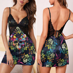 Colorful Skull Butterfly Floral Gothic & Punkrock Women's Sleepwear | Lace Cami Dress Nightgowns