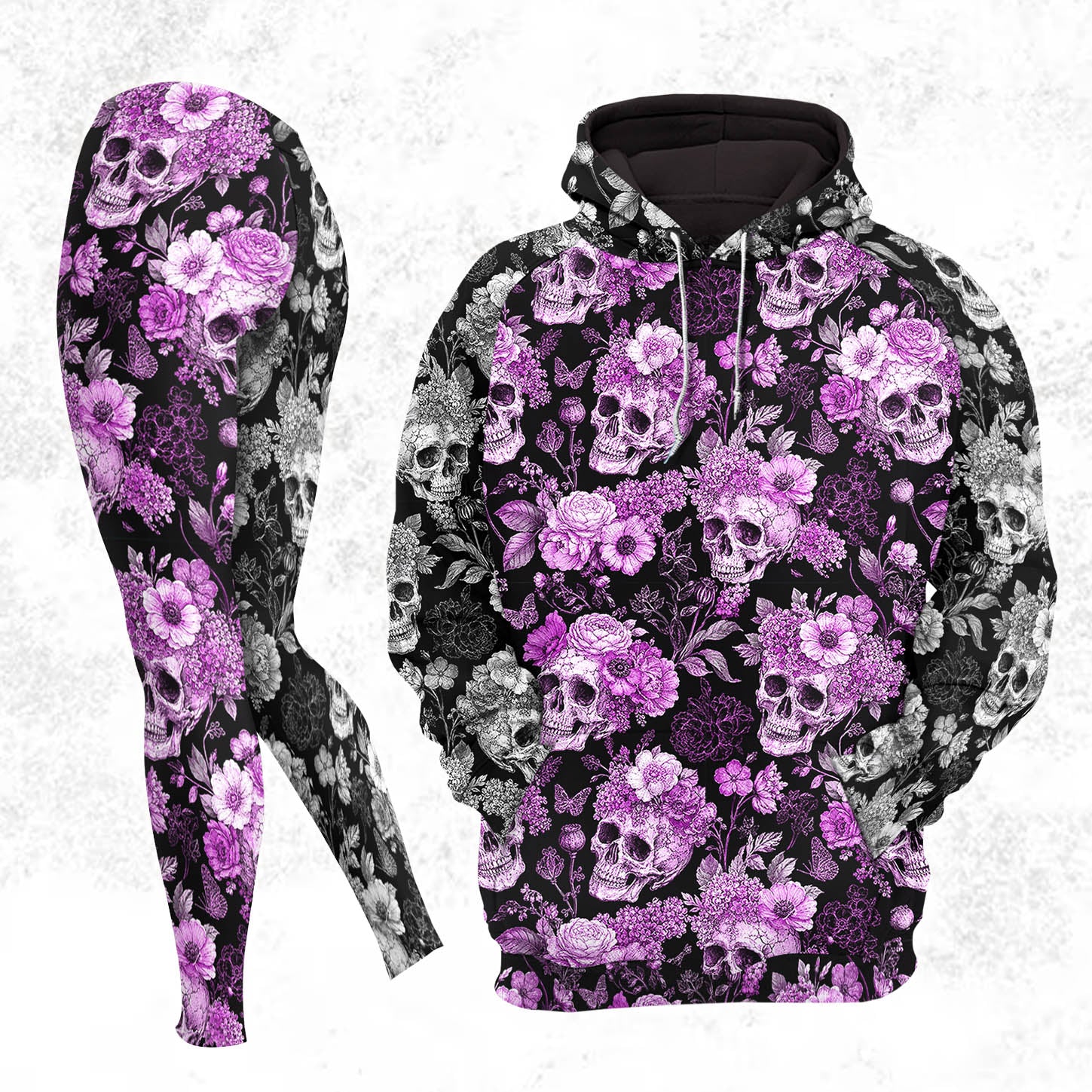 Women Hoodie and Leggings, Purple Floral Skull Pattern Outwear Pants Outfit