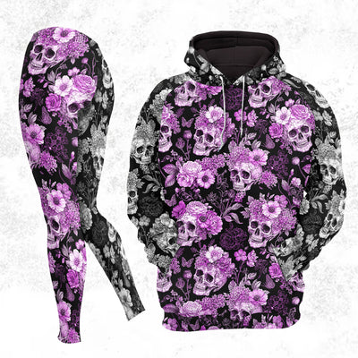 Women Hoodie and Leggings, Purple Floral Skull Pattern Outwear Pants Outfit