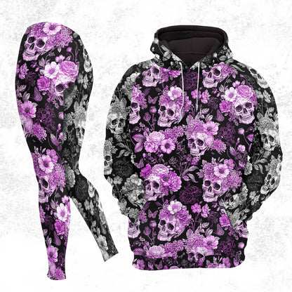 Women Hoodie and Leggings, Purple Floral Skull Pattern Outwear Pants Outfit