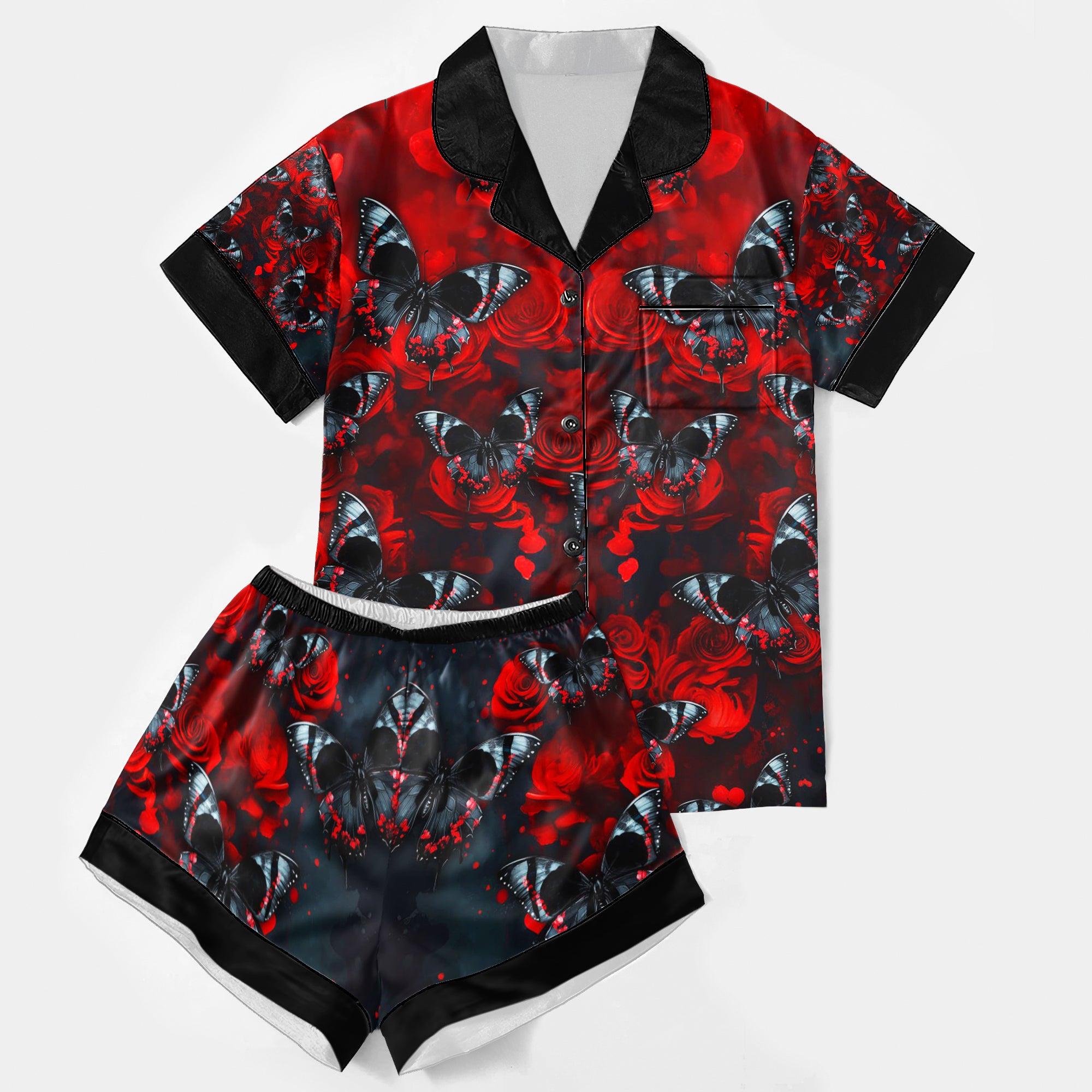 Red Butterfly Skull Women's Pajama Sets Top Sleeve & Short Bottom