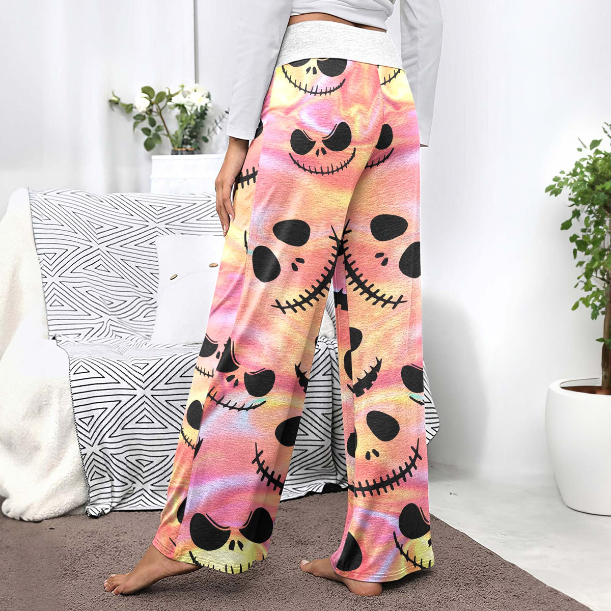 Psychedelic Skulls Pattern Women's High-waisted Wide Leg Pants