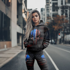 Women Hoodie and Leggings, US Flag Skull Art Outwear Pants Outfit