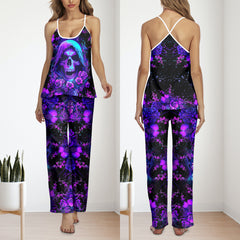 Violet Skull Floral Cami Pajamas Sets For Women Sleepwears Combo - Wonder Skull