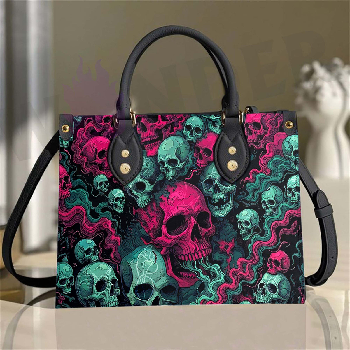 Wonder Skull structured tote bag solves the "I can't find anything in my bag" problem. The roomy interior fits your tablet, phone, wallet, water bottle, umbrella, and cosmetics — without the overstuffed look. Multiple interior pockets keep everything organized, so you're never digging around at checkout. Reinforced rivet corners and quality metal hardware ensure the bag holds up to daily use. Whether you're heading to work, running errands, or catching a flight, this tote keeps you looking put-together.