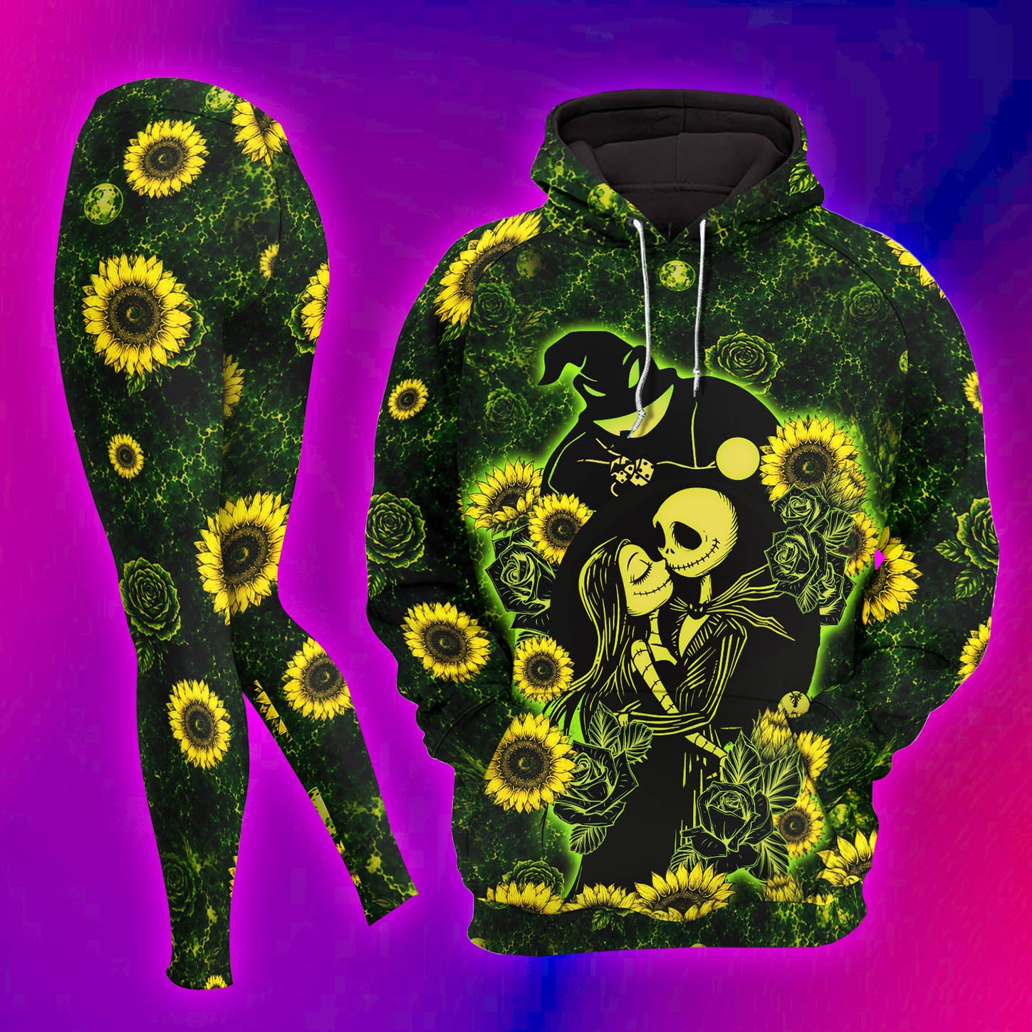 Women Hoodie and Leggings, Gothic Floral Skeleton Couple Outwear Pants Outfit