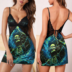 Cyan Skeleton Lightning & Punkrock Women's Sleepwear | Lace Cami Dress Nightgowns