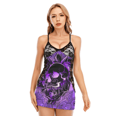 Purple Black Mandala Gothic Skull Black Lace Sleepwears Babydol Dresses - Wonder Skull