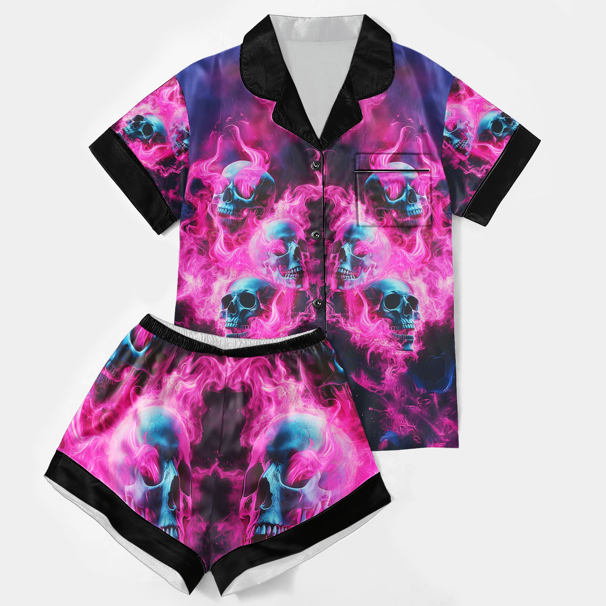 Pink Skull Flaming Women's Pajama Sets Top Sleeve & Short Bottom