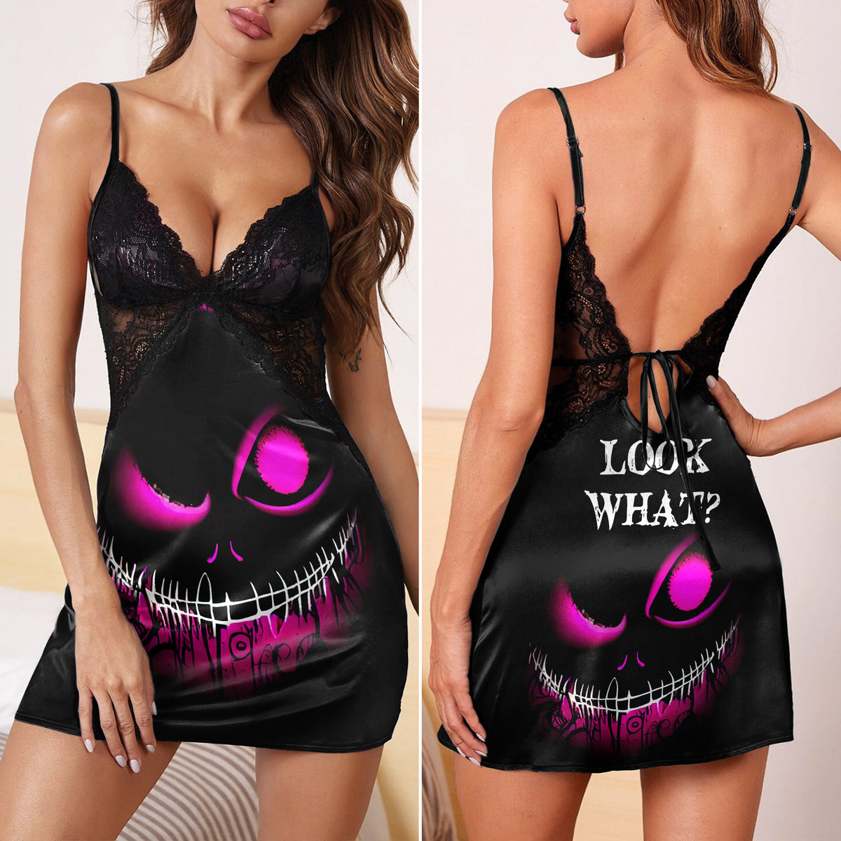 Pink Scary Face Gothic & Punkrock Women's Sleepwear | Lace Cami Dress Nightgowns