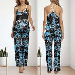 Cyan Skull Abstract Cami Pajamas Sets For Women Sleepwears Combo - Wonder Skull