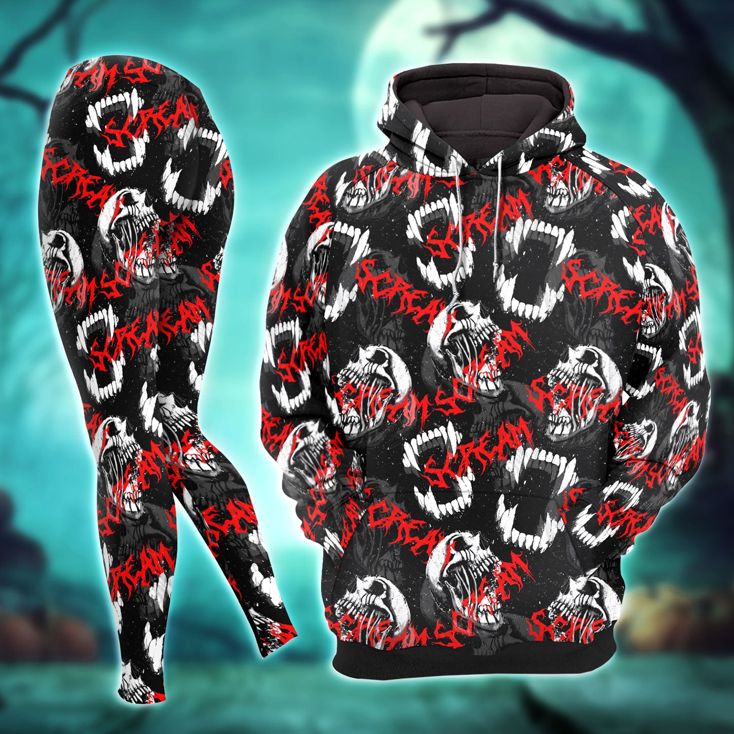 Black Skull Scream Gothic Combo Hoodie and Leggings - Dark and edgy matching set with skull designs for a unique and stylish look