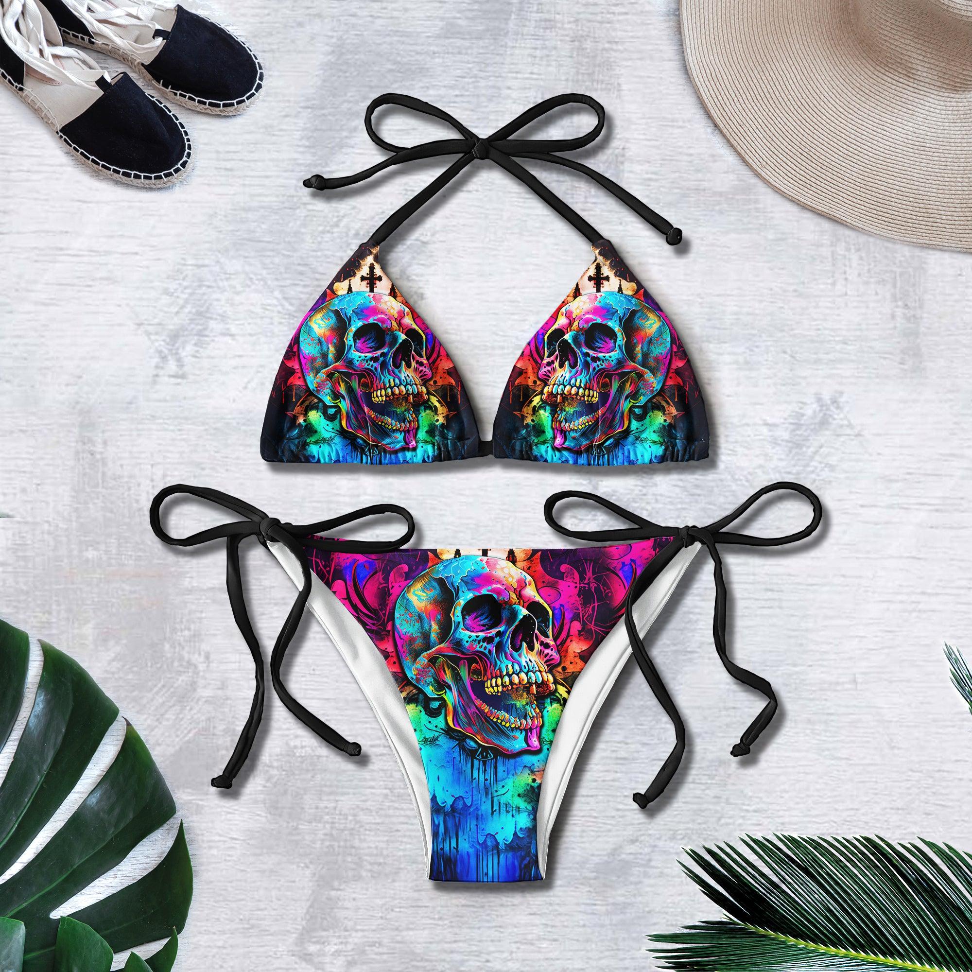 Radiant TieDye Skull Gothic Micro Triangle Bikini Swimsuit - Wonder Skull