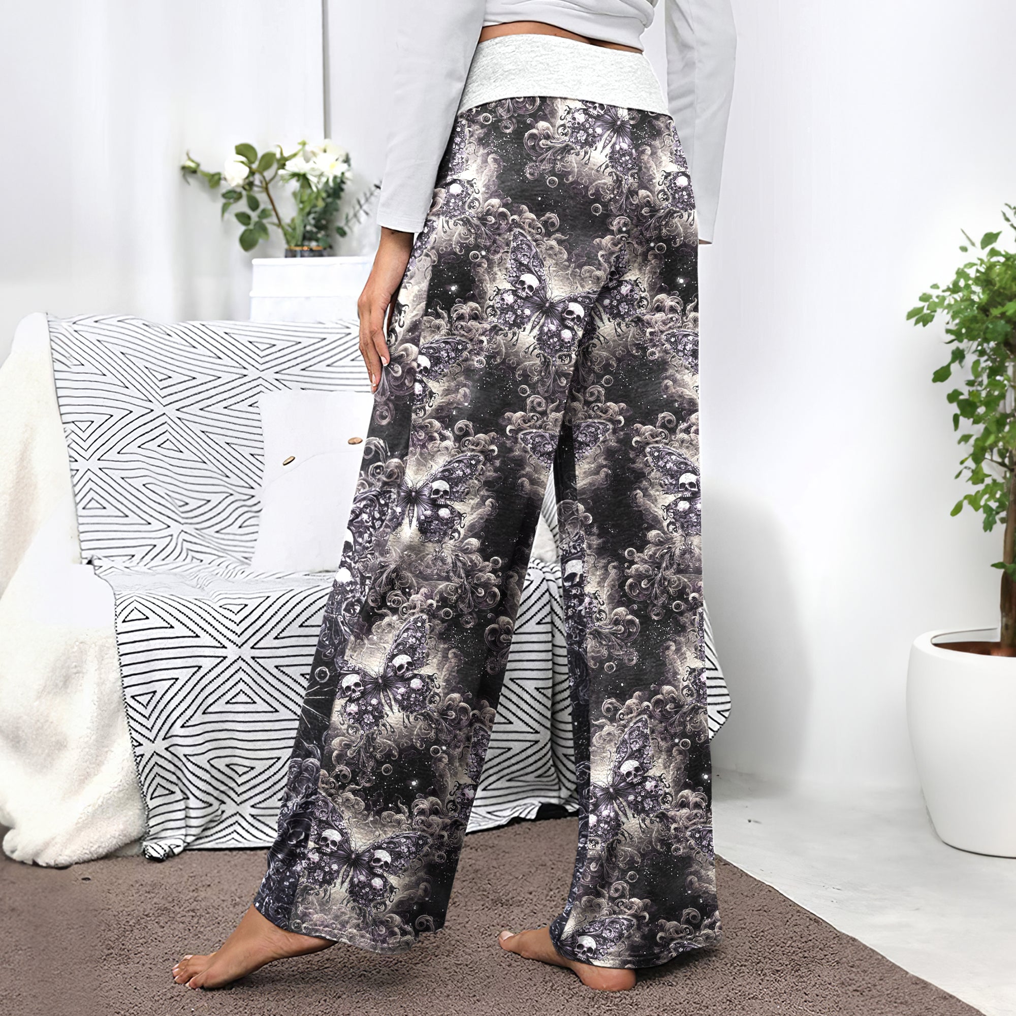 Celestial Gothic Skull Butterfly Women's High-waisted Wide Leg Pants