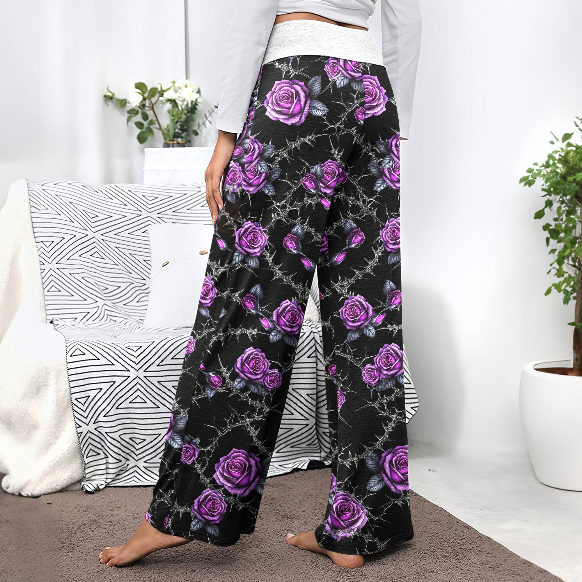 Purple Couple Skull Rose Women's High-waisted Wide Leg Pants