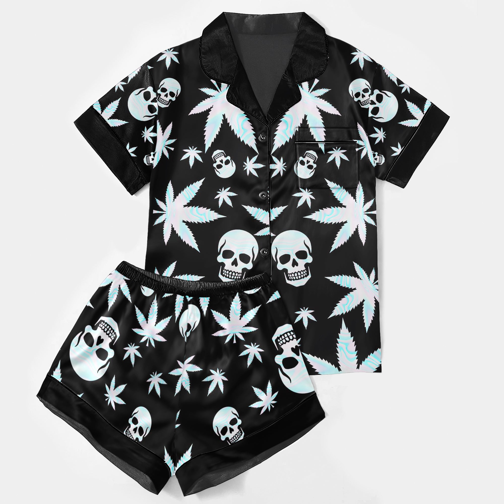Holographic Skull Leaf Women's Pajama Sets Top Sleeve & Short Bottom