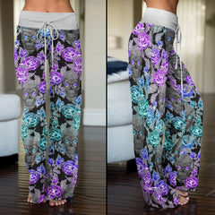 Floral Colorful Skull Women's High-waisted Wide Leg Pants | Wonder Skull