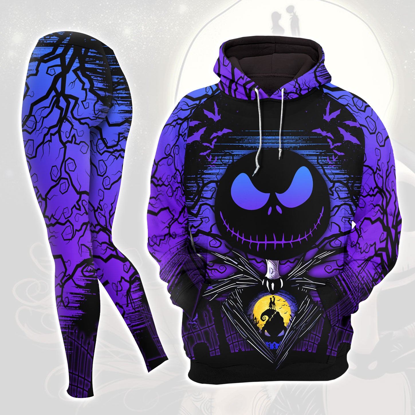Dark Purple Nightmare Art Combo Hoodie and Leggings - Dark and edgy matching set with skull designs for a unique and stylish look