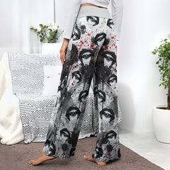 Black Skull Lip Pattern Women's High-waisted Wide Leg Pants