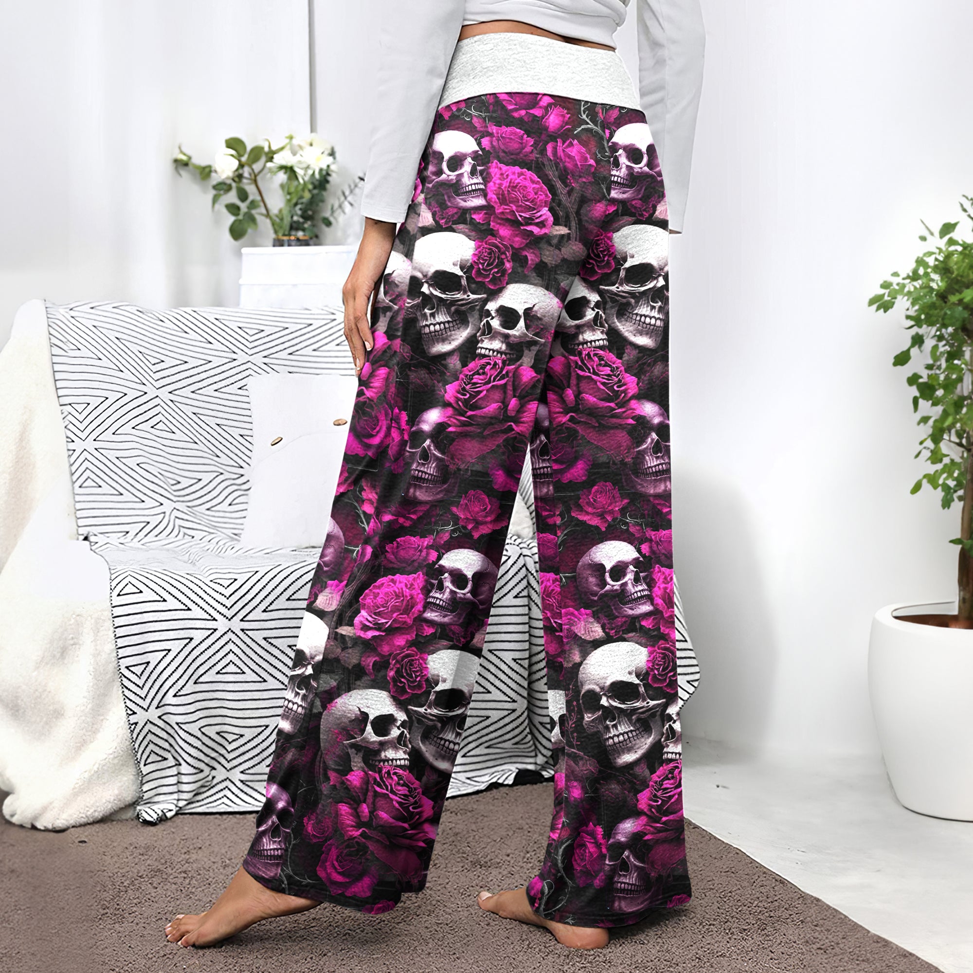 Pink Skull Verdant Whisper Women's High-waisted Wide Leg Pants