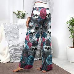 Cyan Skull Rose Pattern Women's High-waisted Wide Leg Pants