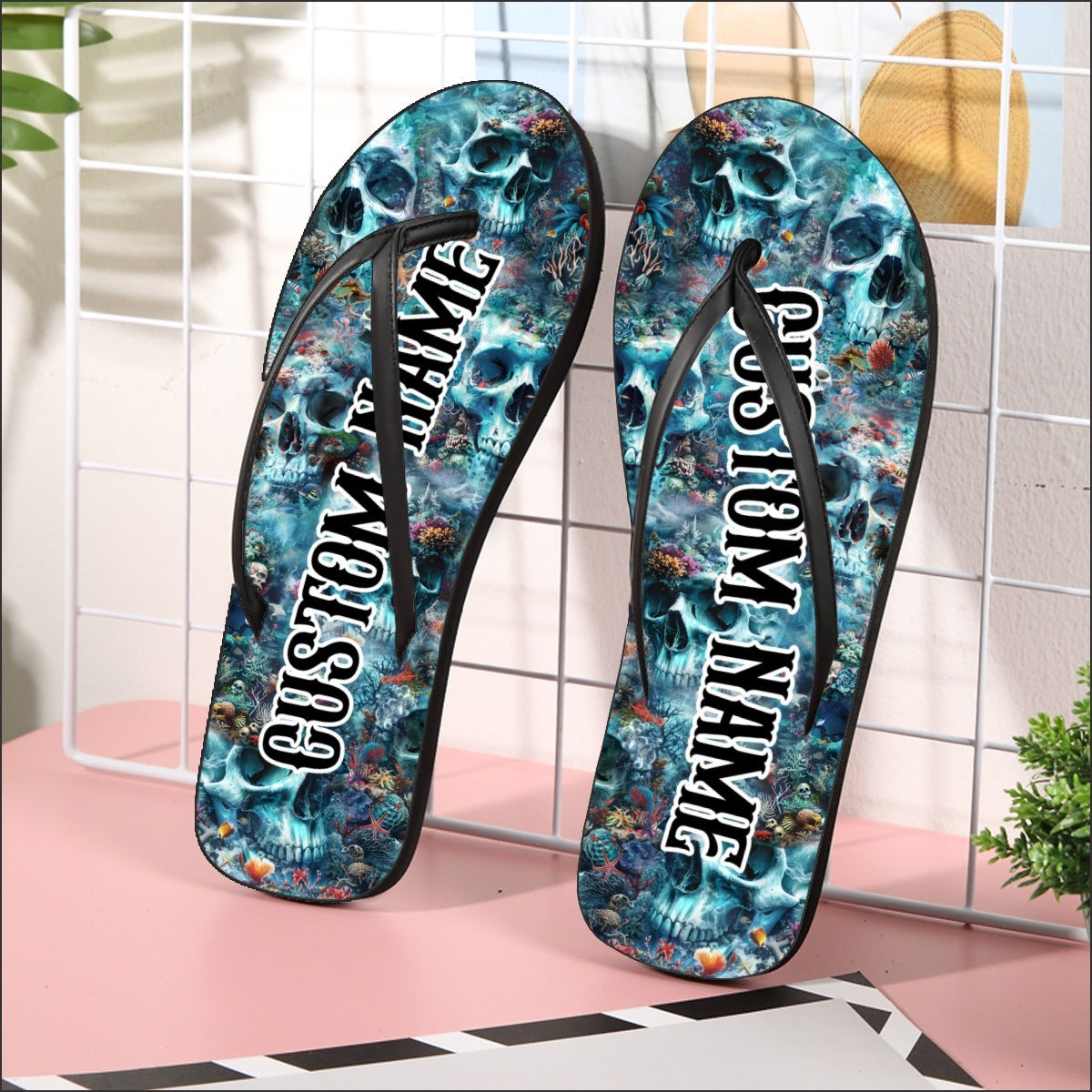 Image of a pair of beach flip flops with a sleek design, featuring a comfortable yoga mat footbed, non-slip sole, and water-friendly materials. Perfect for summer outings, beach walks, and casual occasions.