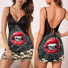 Devil Lips Skull Women's Back Lace Babydolls Nightgowns