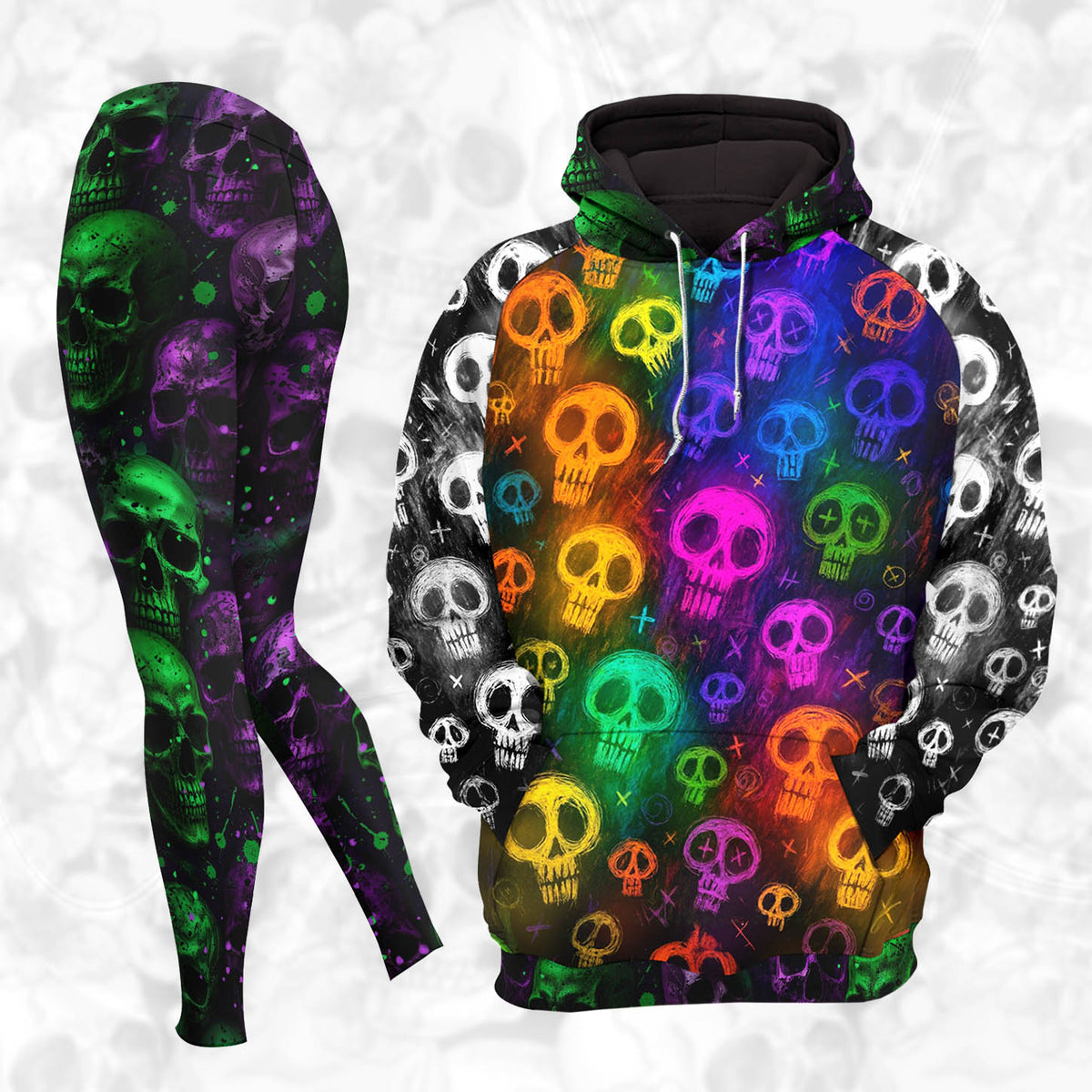 Women Hoodie and Leggings, Neon Sugar Skulls Pattern Outwear Pants Outfit